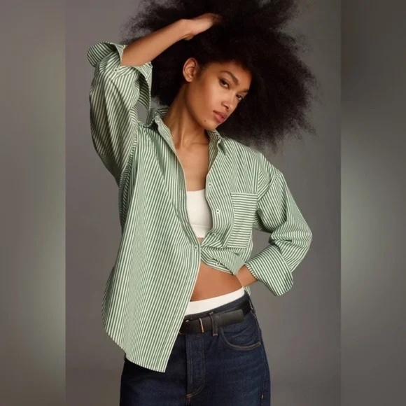 MAEVE - Oversized Classic Striped Button-Down Shirt – Olive & White - Small - Picture 1 of 9